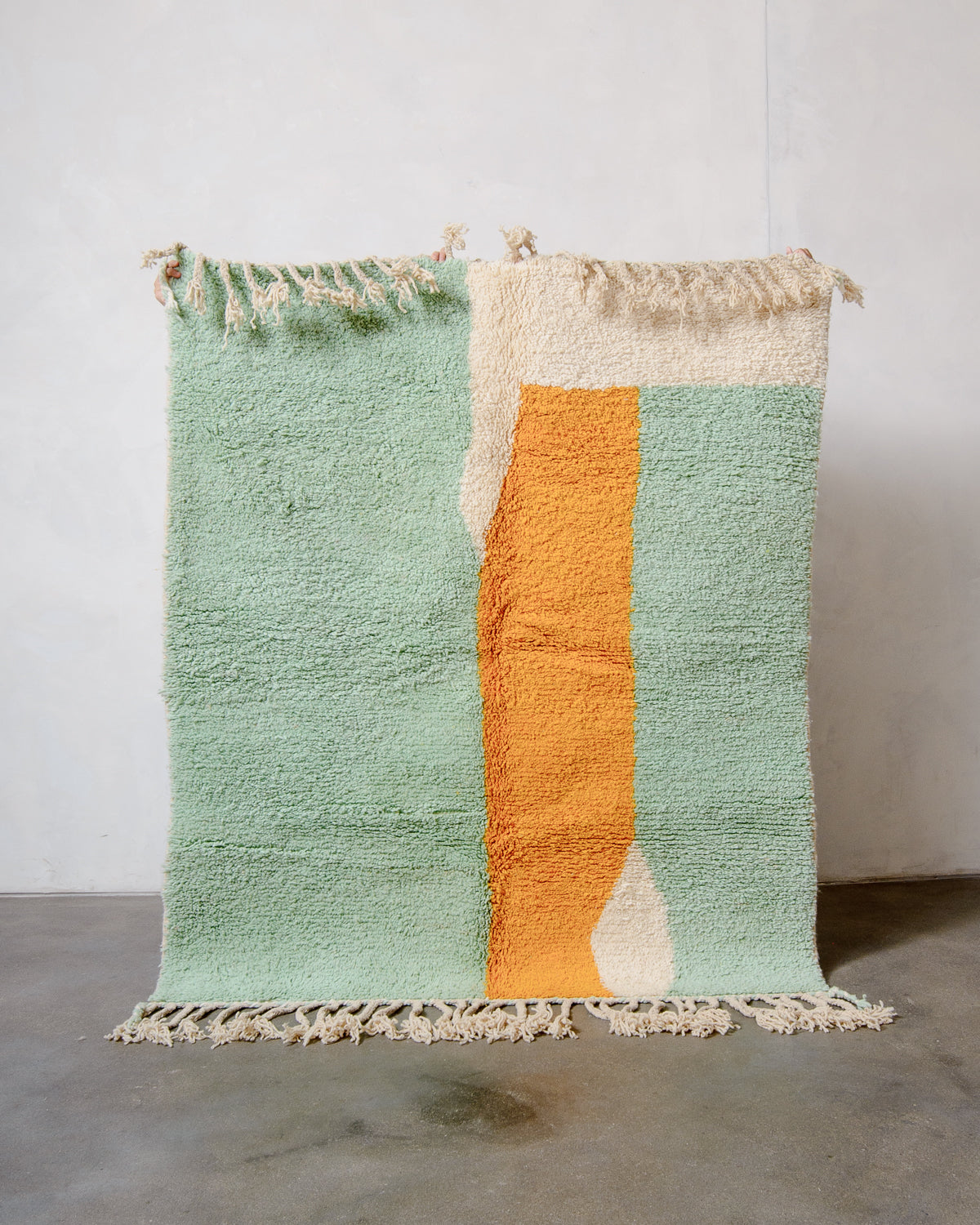 Modern, designer, handcrafted Berber rug from Morocco. Beniourain carpet with beautiful colours and patterns and fluffy wool texture.